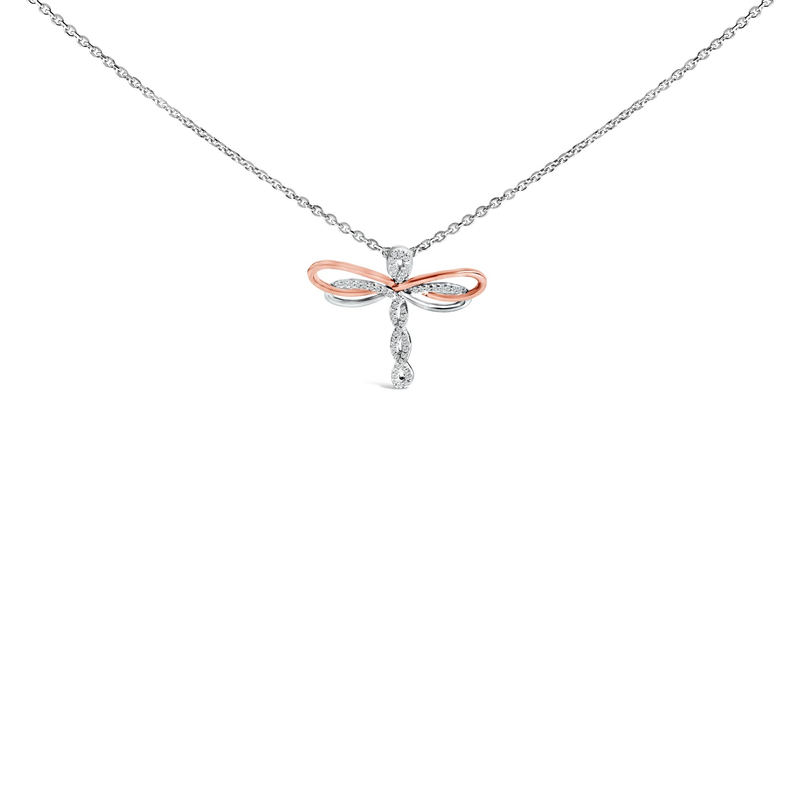 14K Rose Gold Plated Sterling Silver 1/10 Cttw Diamond Dragonfly Pendant Necklace