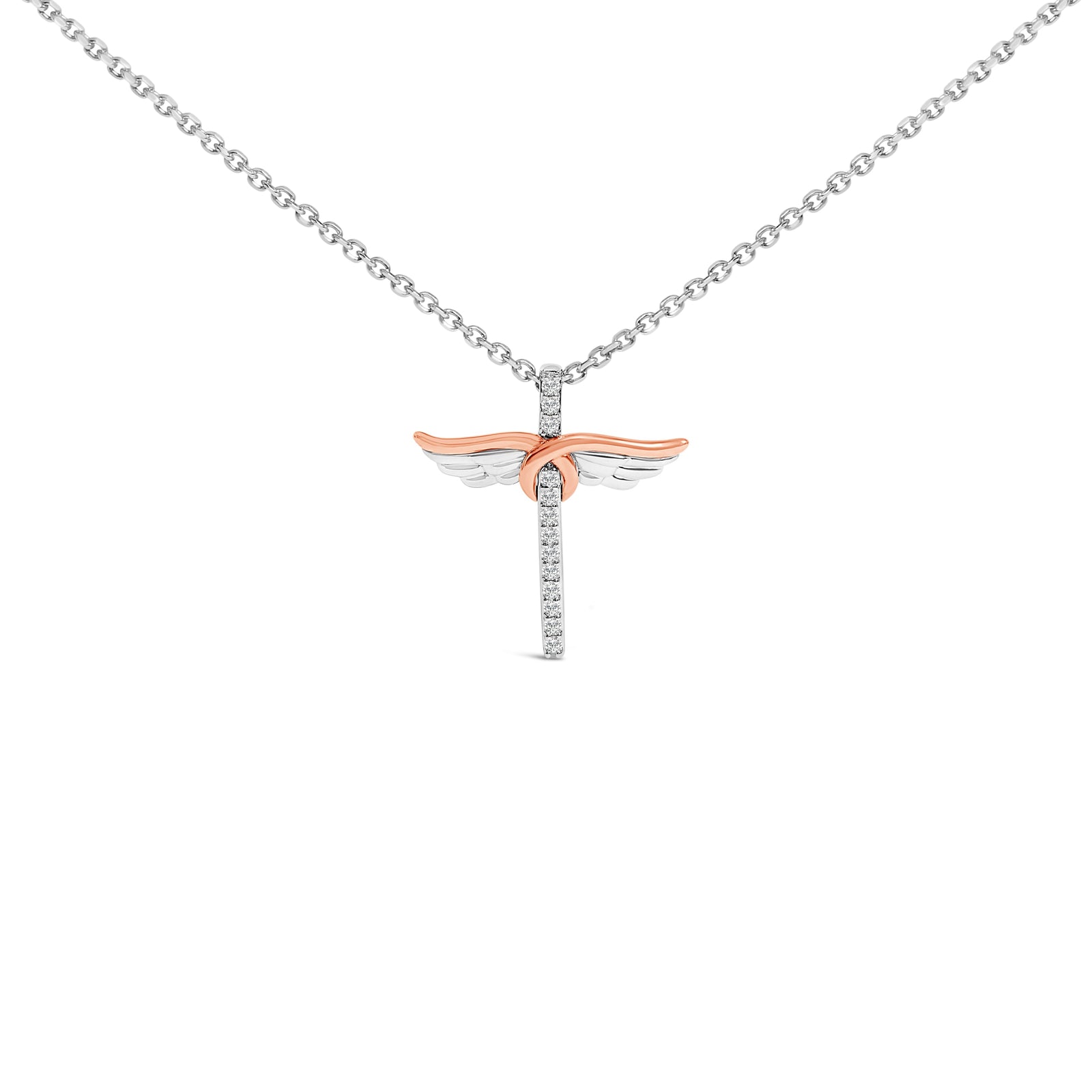14K Rose Gold Plated Sterling Silver 1/5 Cttw Diamond Wing Cross Pendant Necklace