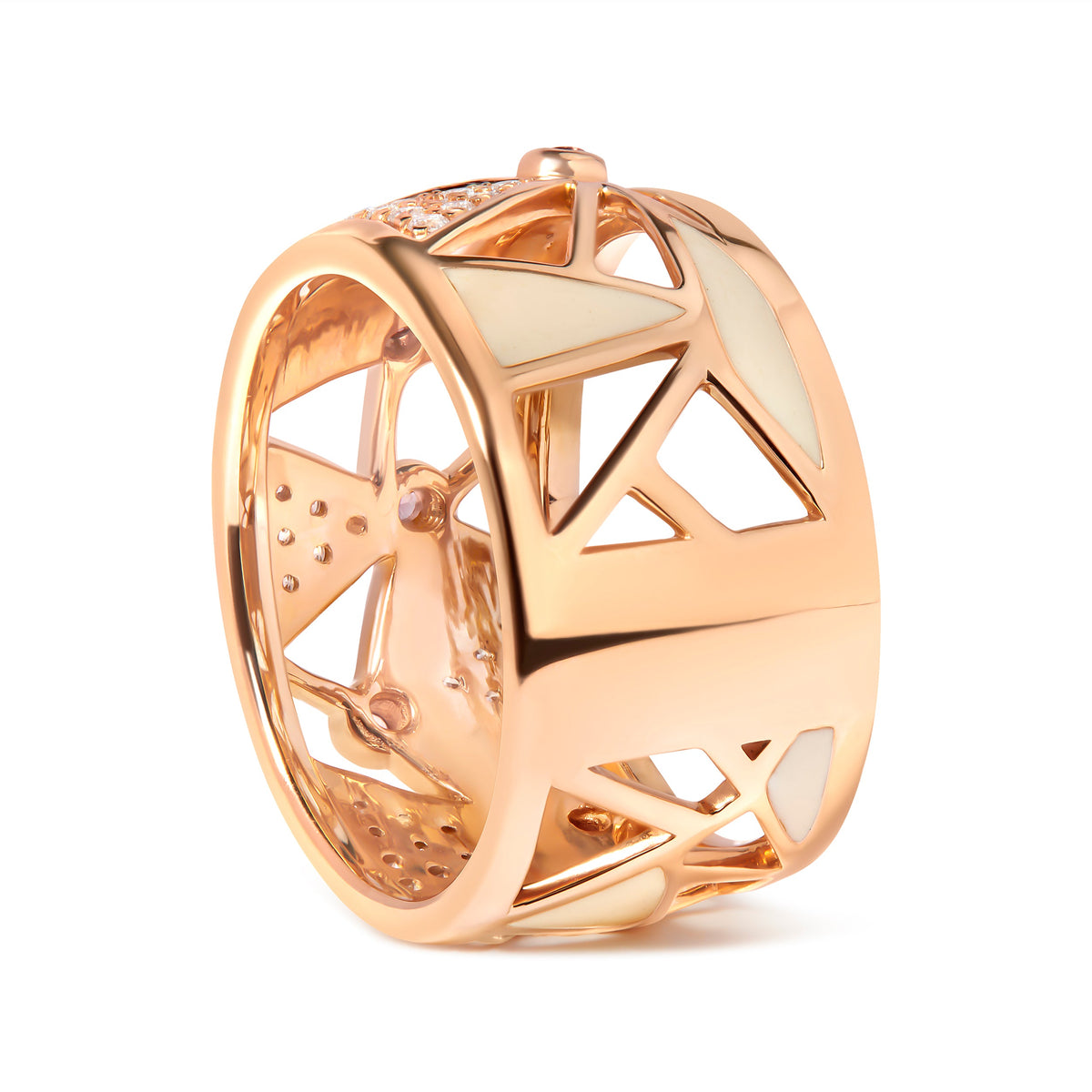 Anillo tipo "Cigar Band" de oro rosa de 14K con diamantes de 1/3 Cttw y turmalina rosa con esmalte blanco (color G-H, claridad SI1-SI2)