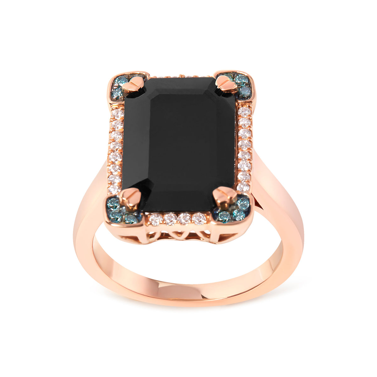 Anillo de cóctel de oro rosa de 14 quilates con ónix negro talla esmeralda de 15x10 mm y halo de diamantes azules y blancos de 1/5 quilates (color G-H, claridad SI1-SI2) - Talla 7