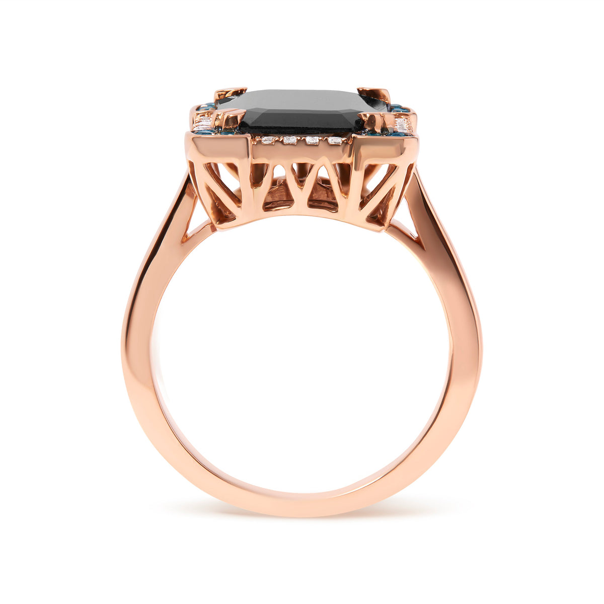Anillo de cóctel de oro rosa de 14 quilates con ónix negro talla esmeralda de 15x10 mm y halo de diamantes azules y blancos de 1/5 quilates (color G-H, claridad SI1-SI2) - Talla 7