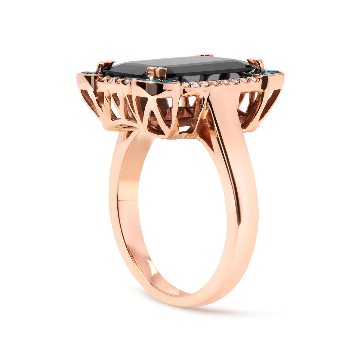 Anillo de cóctel de oro rosa de 14 quilates con ónix negro talla esmeralda de 15x10 mm y halo de diamantes azules y blancos de 1/5 quilates (color G-H, claridad SI1-SI2) - Talla 7