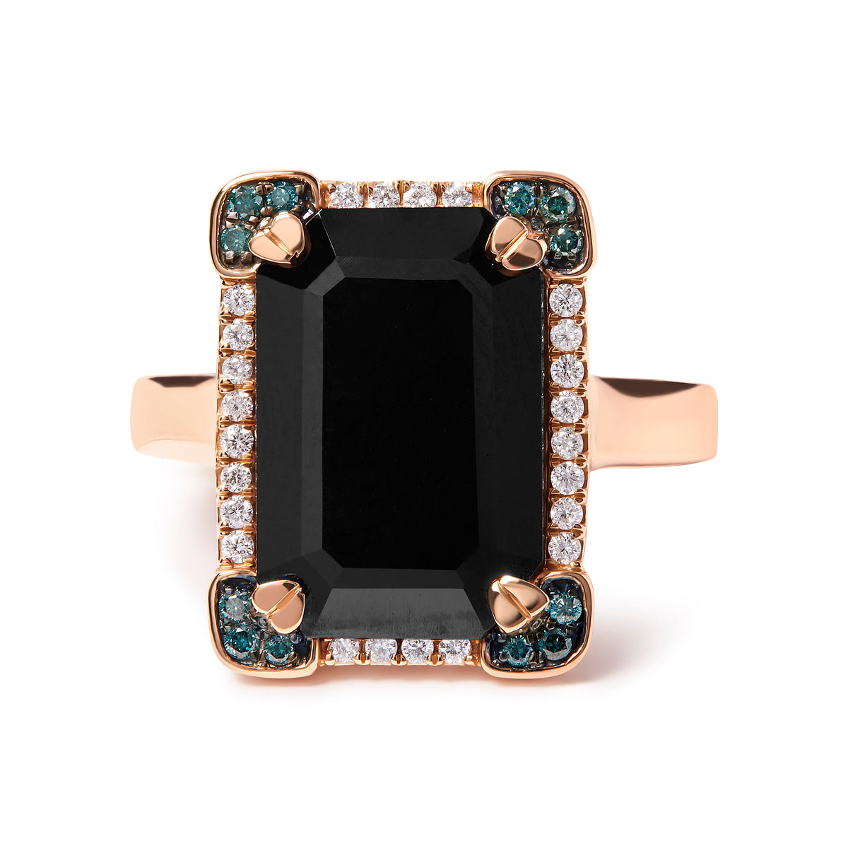 Anillo de cóctel de oro rosa de 14 quilates con ónix negro talla esmeralda de 15x10 mm y halo de diamantes azules y blancos de 1/5 quilates (color G-H, claridad SI1-SI2) - Talla 7