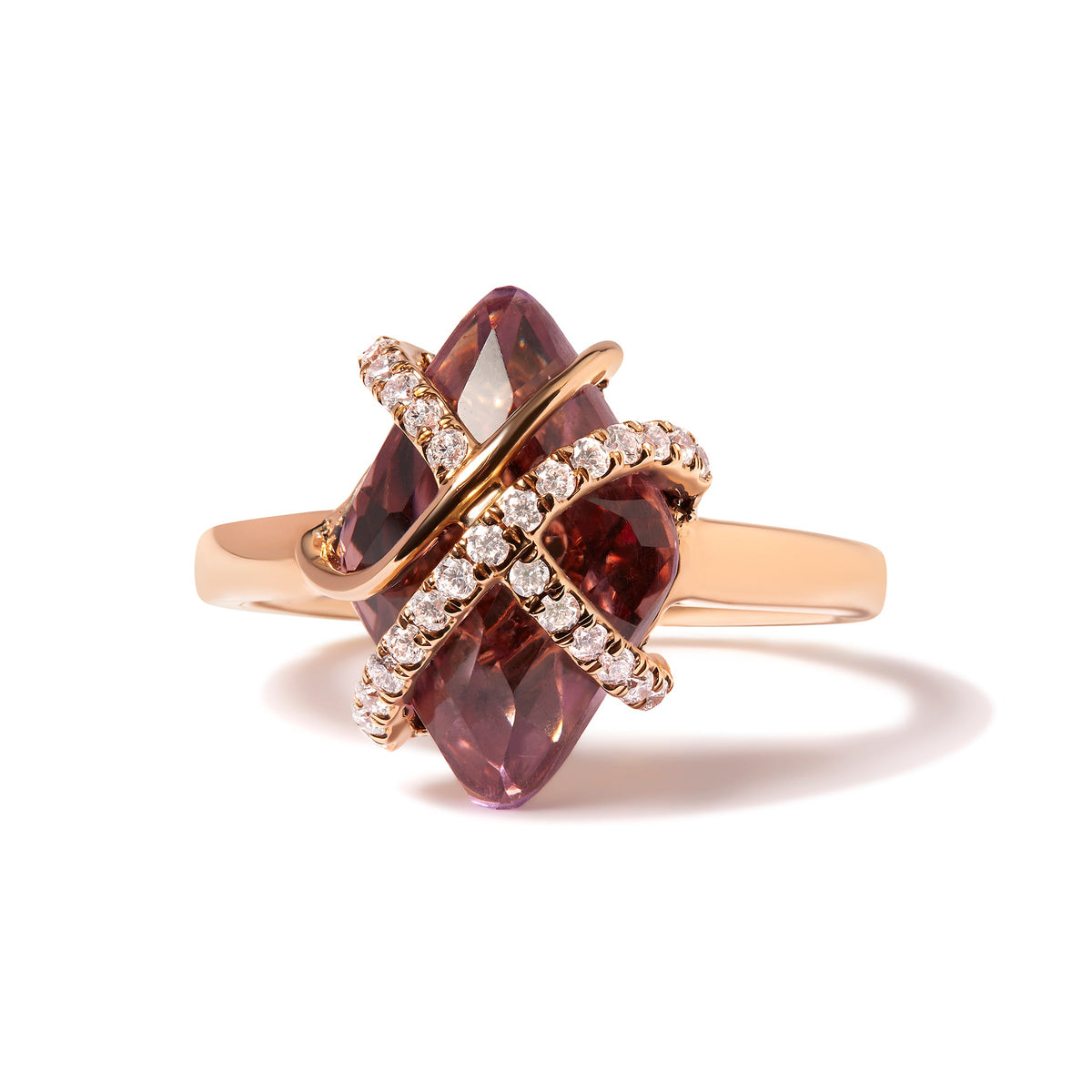 Anillo de cóctel de amatista morada de oro rosa de 14K con diamantes de 1/5 Cttw, 15x15 MM (color G-H, claridad SI1-SI2)