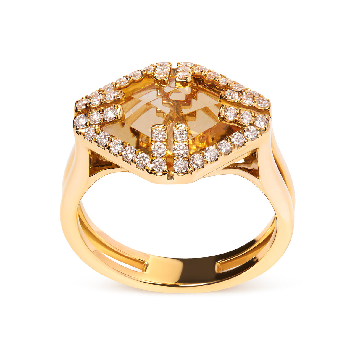 Anillo de cóctel de oro amarillo de 14 quilates con citrino amarillo talla marquesa y halo de diamante de 1/3 quilates (color G-H, claridad SI1-SI2) - Talla 7