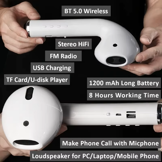 Oversized Giant Apple AirPod Pro Speaker - Bluetooth Wireless, FM Radio, USB Drive, and Mini SD Card Slot