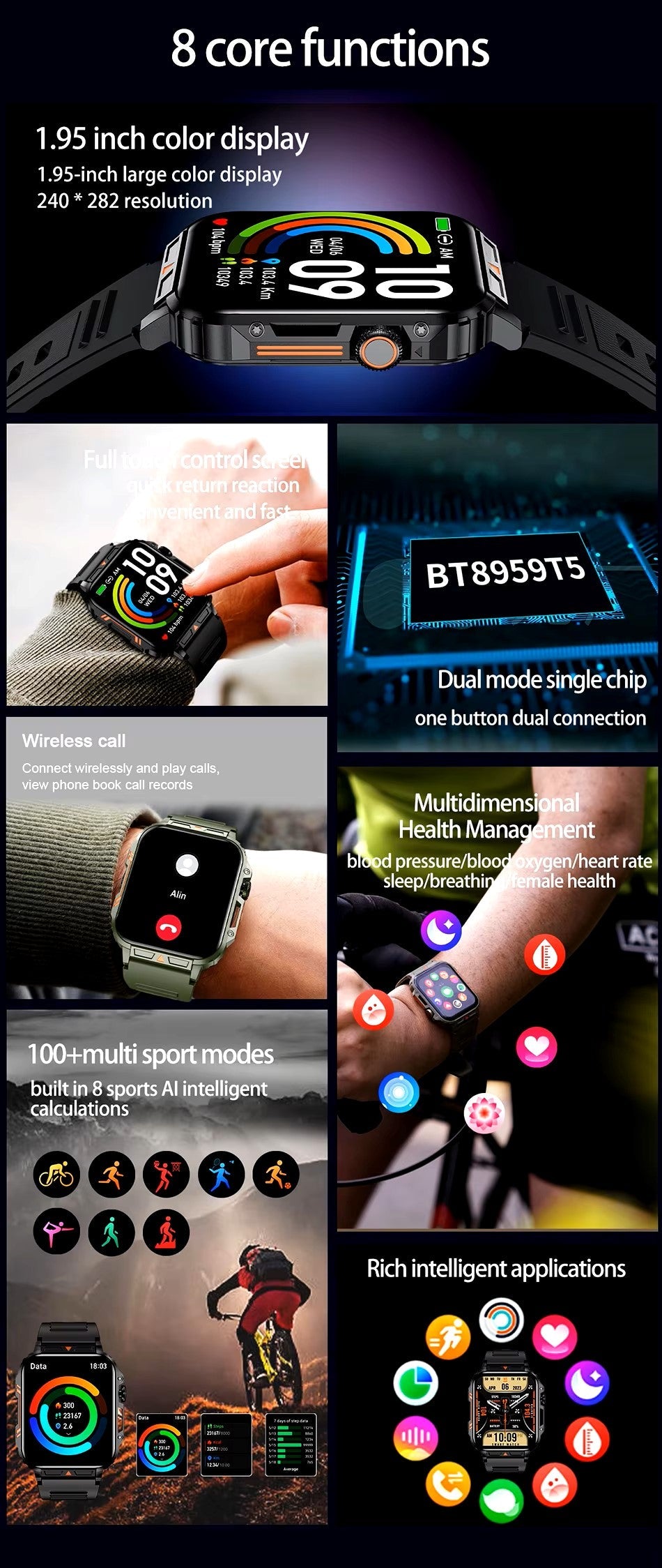 Reloj inteligente ultradelgado y resistente de grado militar: reloj deportivo resistente al agua para exteriores, pantalla grande de 1,95" y cuerpo delgado 