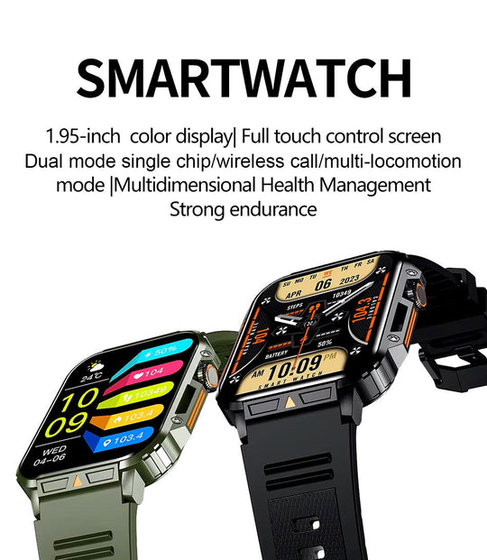 Ultra-Slim Rugged Military Grade Smart-Watch - Outdoor Waterproof Fitness Watch - Large 1.95" Screen and Thin Body