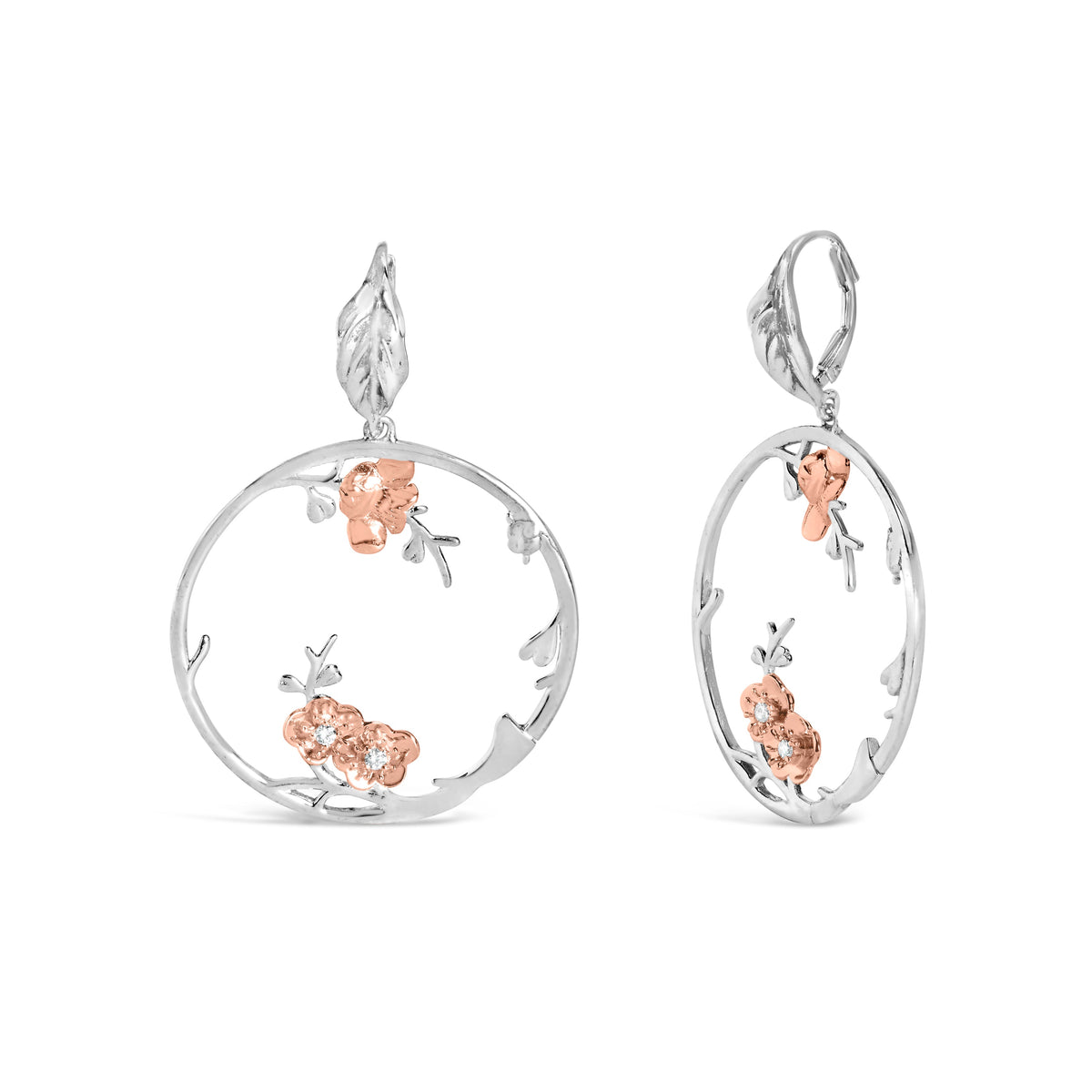 Pendientes de aro florales de plata de ley .925 bañados en oro rosa con 1/10 Cttw de diamantes (color I-J, claridad SI1-SI2)