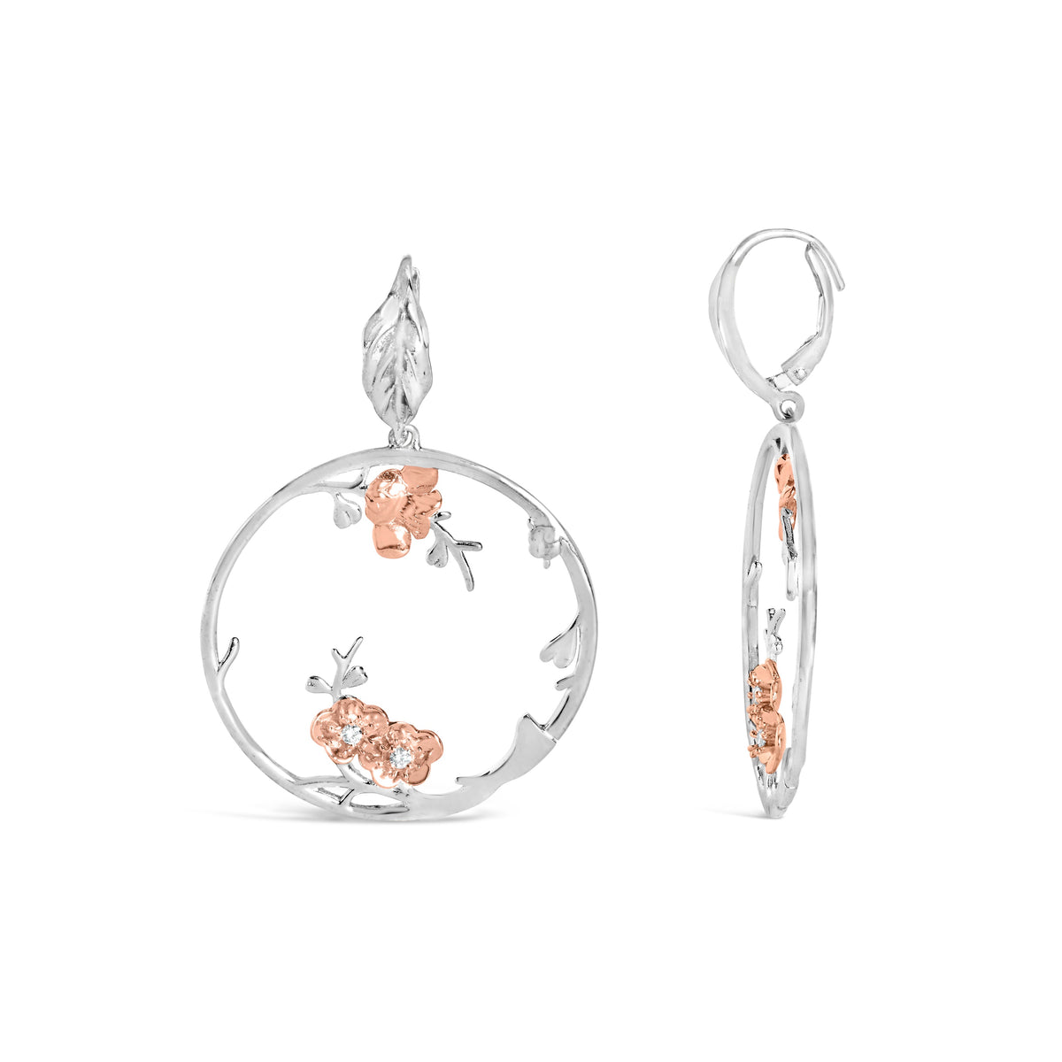 Pendientes de aro florales de plata de ley .925 bañados en oro rosa con 1/10 Cttw de diamantes (color I-J, claridad SI1-SI2)