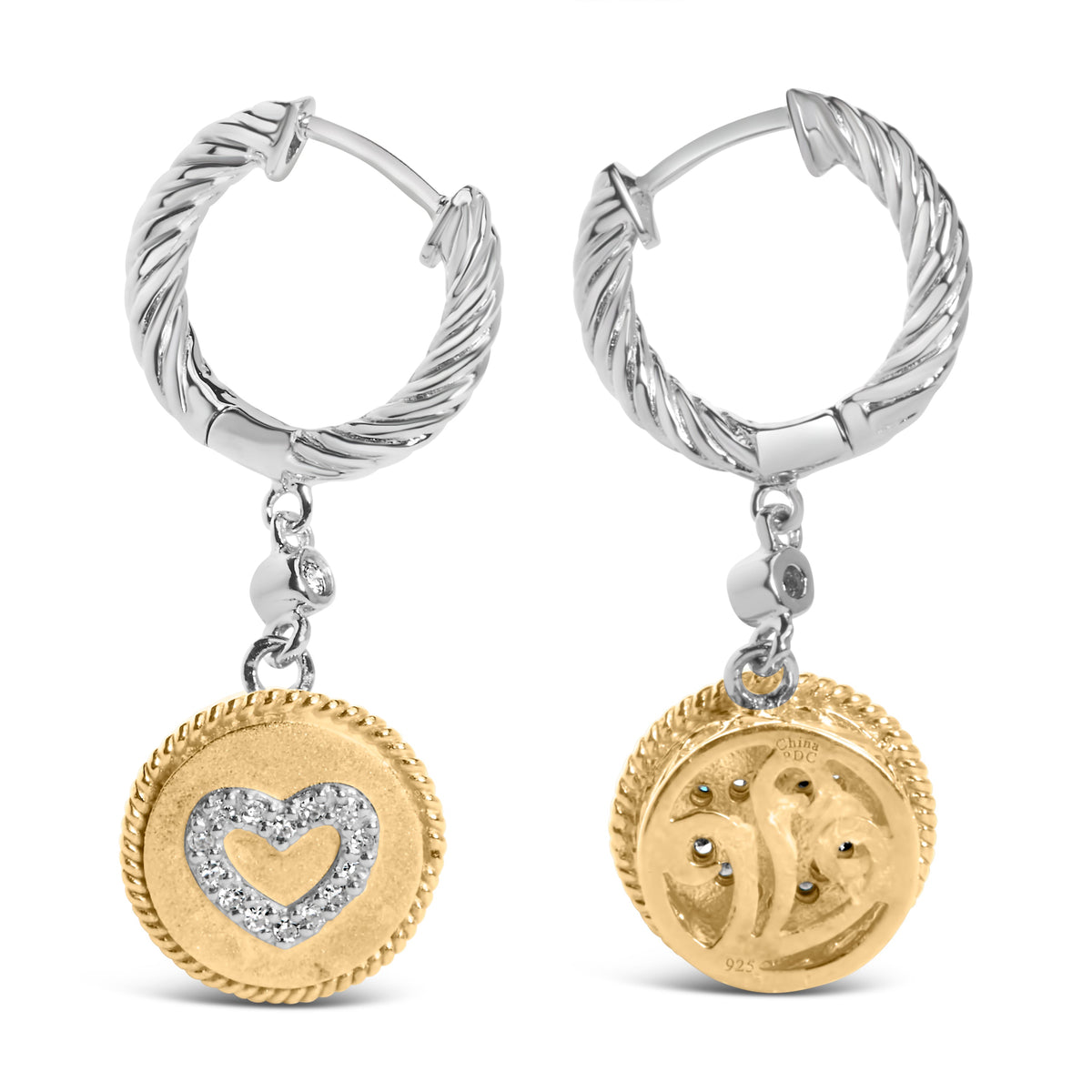 Pendientes colgantes y pendientes colgantes de corazón de medallón de diamante de 1/8 Cttw de plata de ley 925 chapados en oro amarillo de 18 quilates (Color I-J, Claridad SI1-SI2)