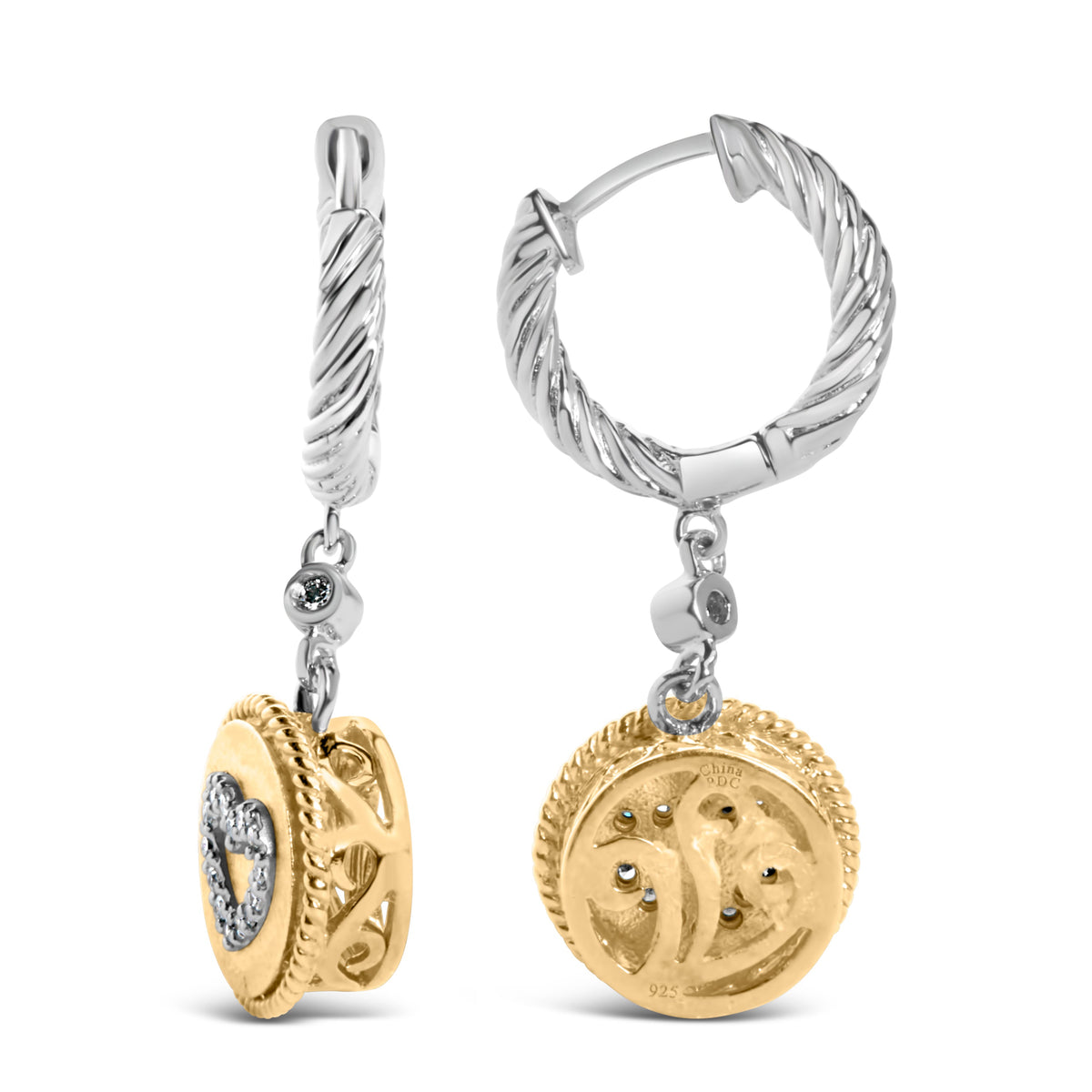 Pendientes colgantes y pendientes colgantes de corazón de medallón de diamante de 1/8 Cttw de plata de ley 925 chapados en oro amarillo de 18 quilates (Color I-J, Claridad SI1-SI2)