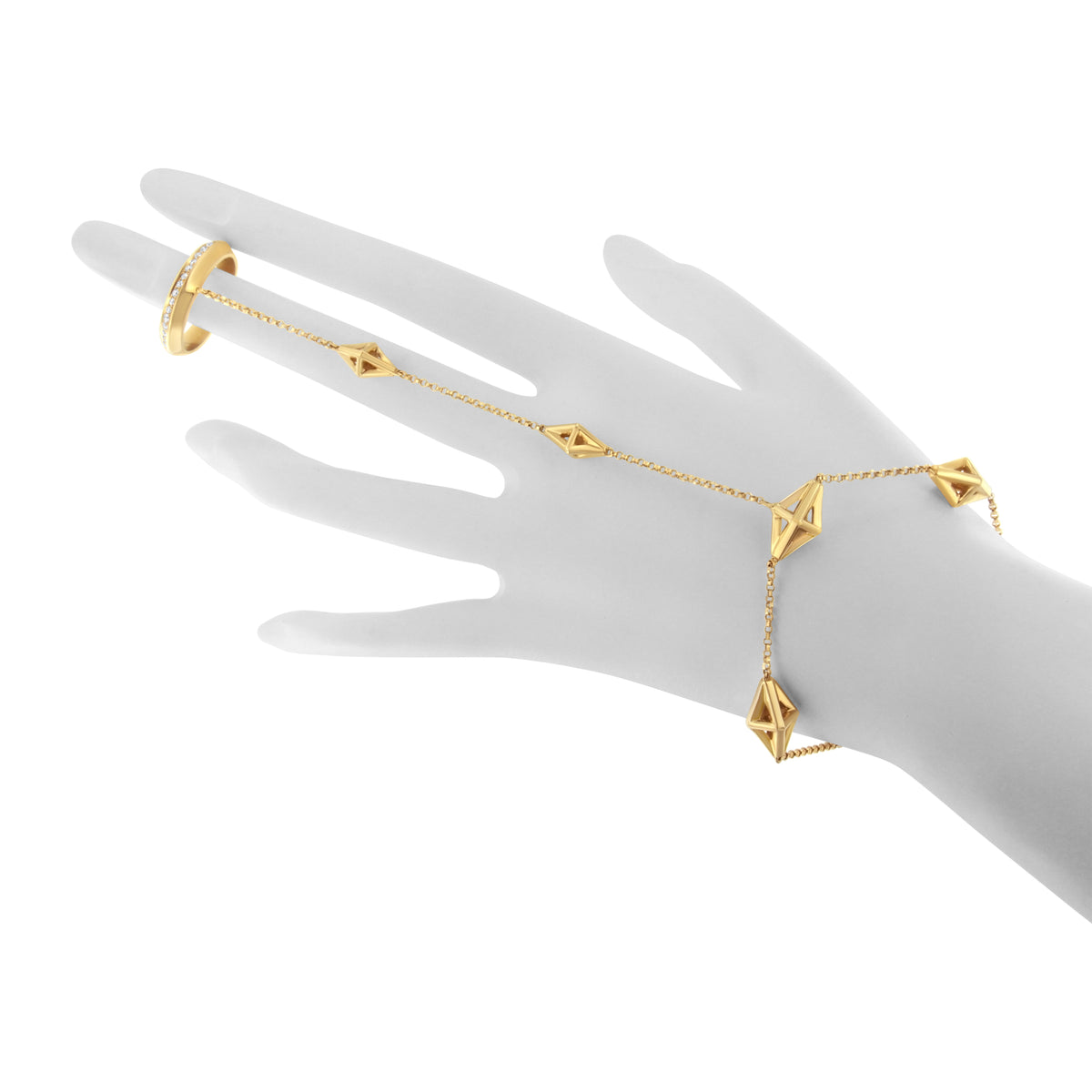 Cadena de mano de oro amarillo de 14 quilates con anillo y pulsera de diamantes de 1/4 Cttw (color G-H, claridad SI1-SI2) - 7"