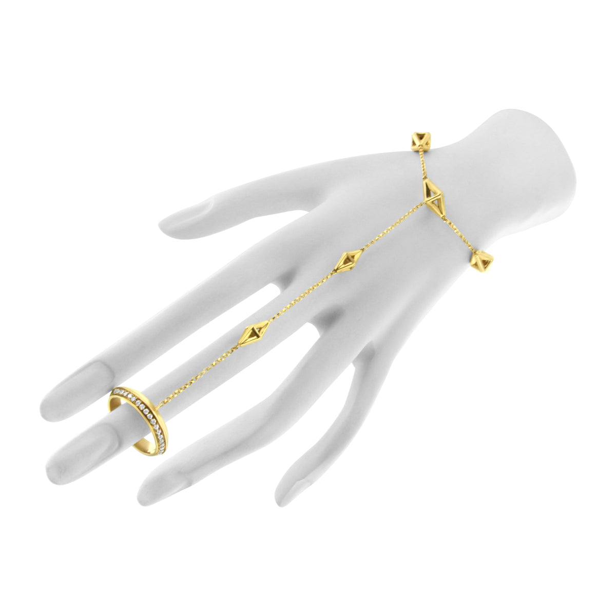 Cadena de mano de oro amarillo de 14 quilates con anillo y pulsera de diamantes de 1/4 Cttw (color G-H, claridad SI1-SI2) - 7"