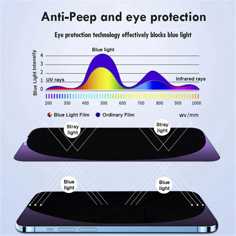 Protector de pantalla antiluz azul de privacidad 6 en 1 de 3 piezas + 3 lentes de cámara de metal para iPhone 17 16 15 14 13