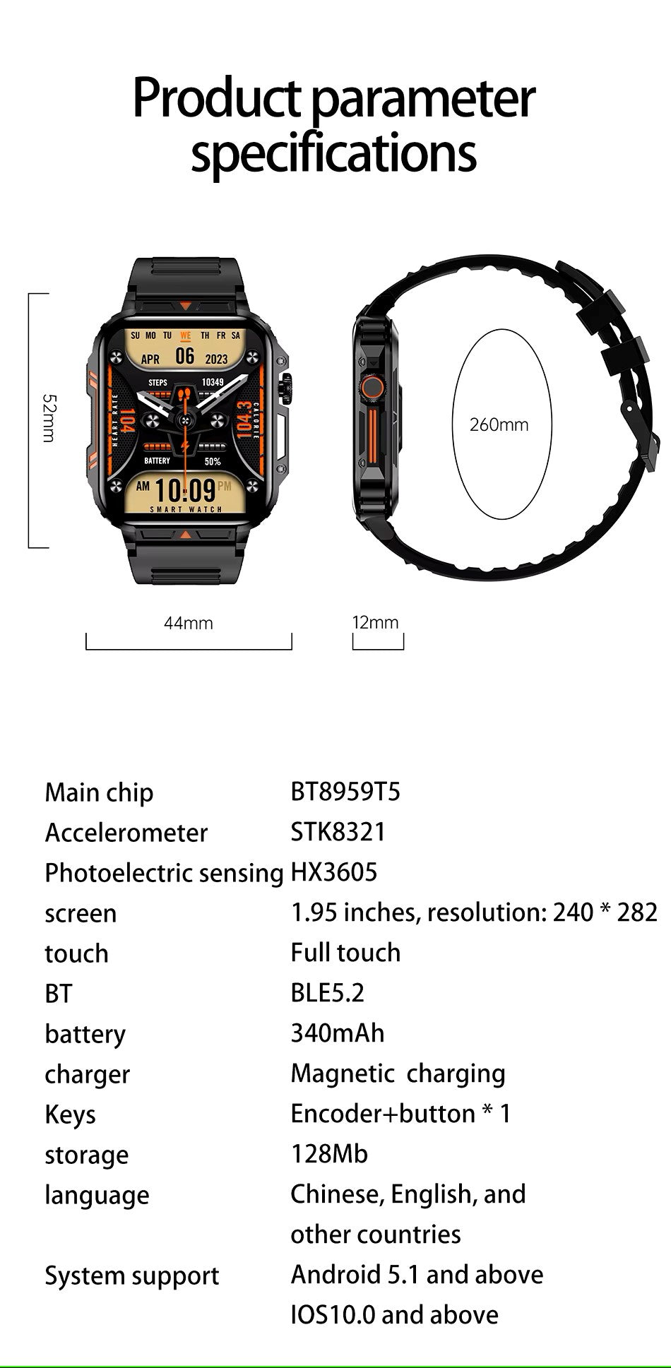 Reloj inteligente ultradelgado y resistente de grado militar: reloj deportivo resistente al agua para exteriores, pantalla grande de 1,95" y cuerpo delgado 