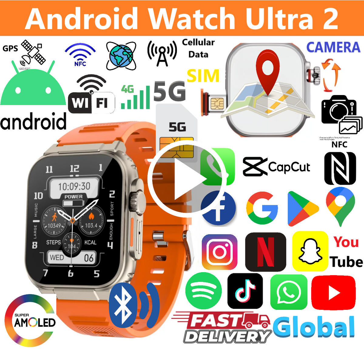 Promotional image for the Android Watch Ultra 2 featuring the watch on a wrist, with icons and text indicating key features such as 5G, GPS, Wi-Fi, Bluetooth, NFC, SIM, camera, and social media app compatibility.