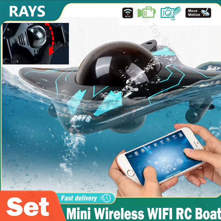 A graphic image showing a black and blue RC submarine boat with water splashing around it, and a hand holding a smartphone with the app interface for the RC boat.