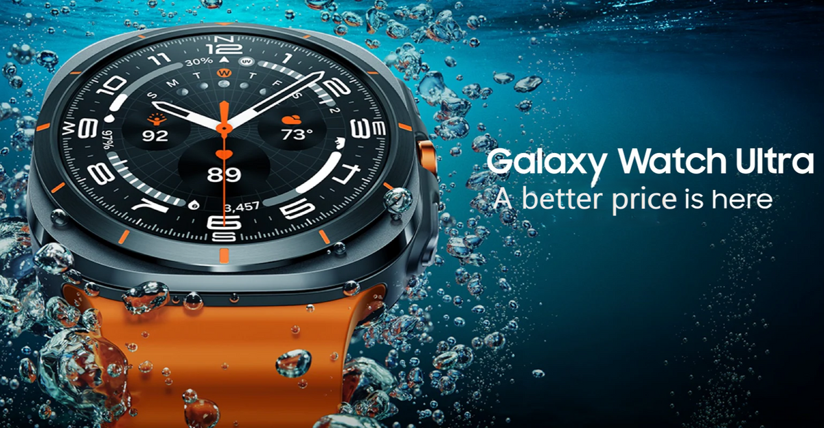 A Samsung Galaxy Watch Ultra smartwatch with an orange strap, displayed in a promotional image with water splashing around it, indicating its water-resistant feature.