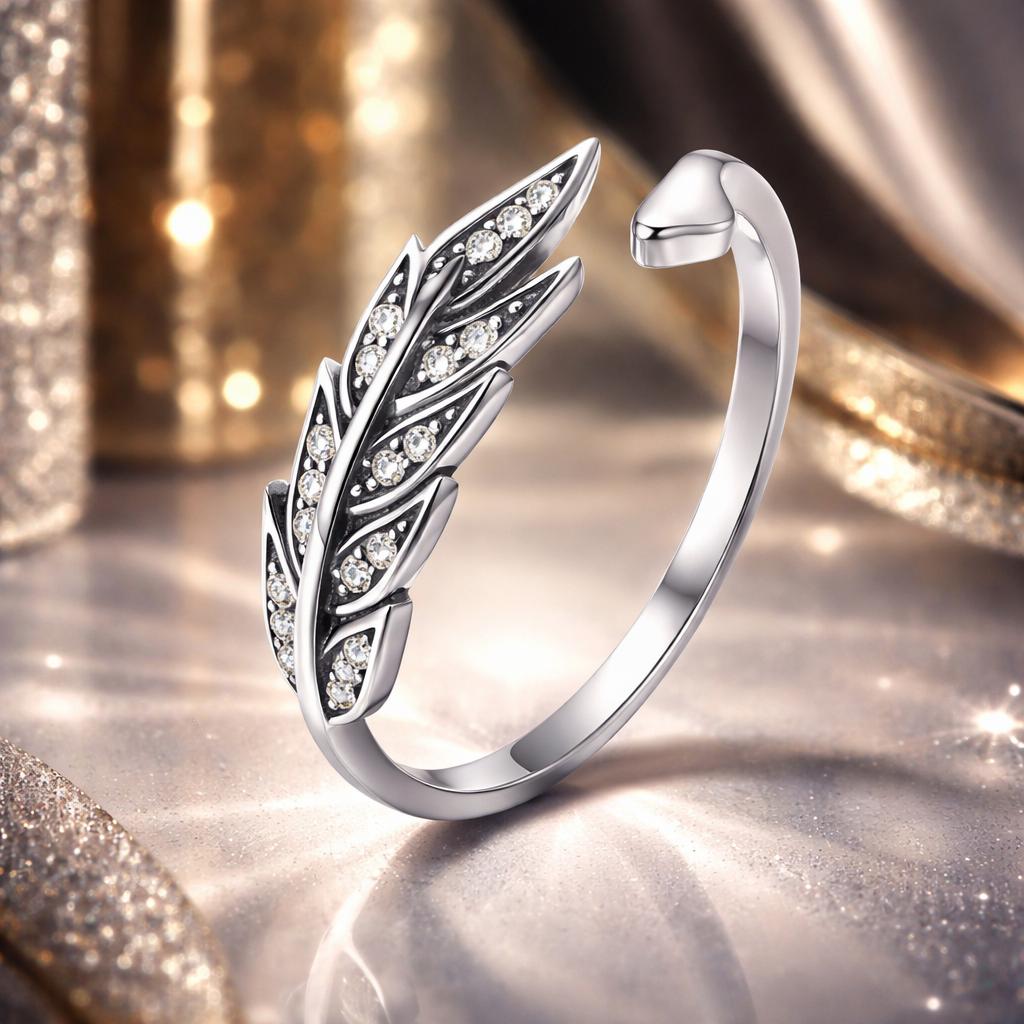 Anillo de Hoja de Plata Fina 925 con Circonita Cúbica Engastada en Pavé para Mujer
