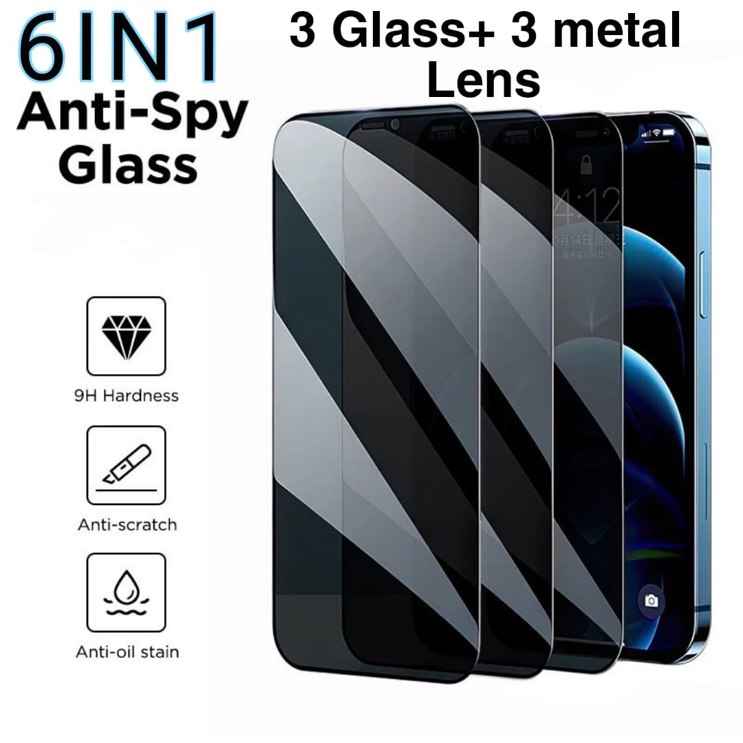 Protector de pantalla antiluz azul de privacidad 6 en 1 de 3 piezas + 3 lentes de cámara de metal para iPhone 17 16 15 14 13