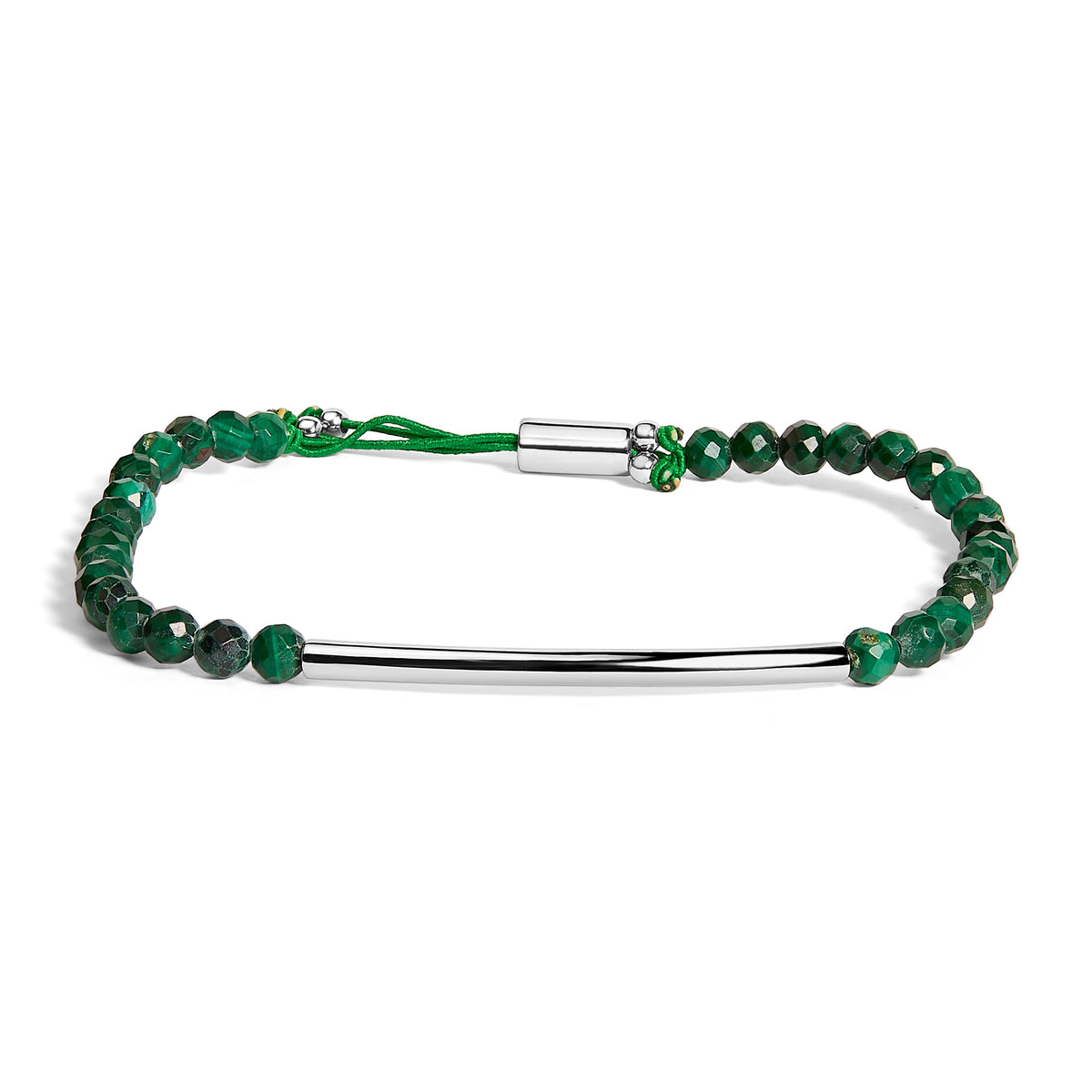 Pulsera de plata de ley con cuentas de malaquita y cierre de bolo