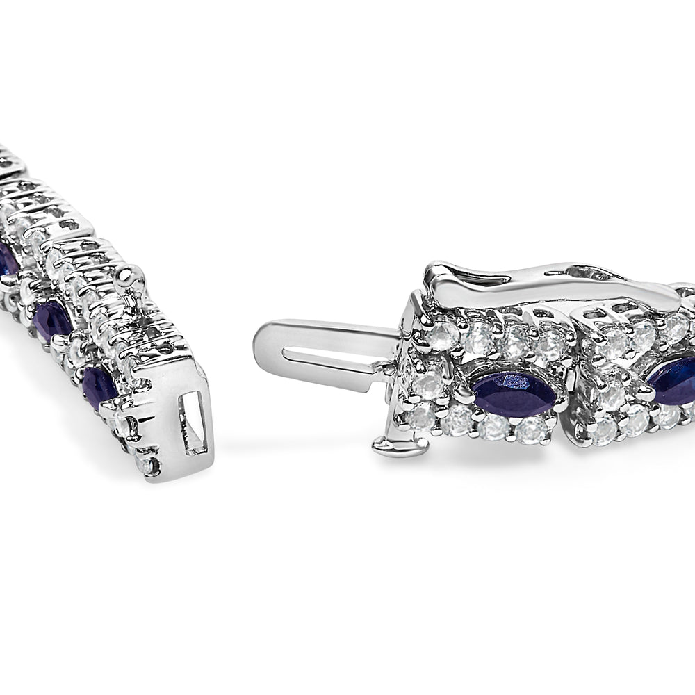 Sterling Silver Dark Blue Sapphire and Topaz Marquise Floral Art Deco Link Bracelet