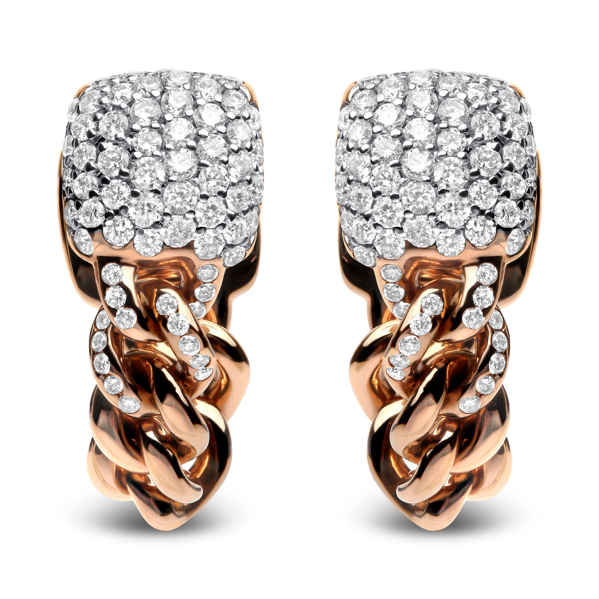 Pendientes Huggie de cadena cubana pavé con diamantes redondos de 0,75 quilates de oro rosa de 18 K (color G-H, claridad SI1-SI2)
