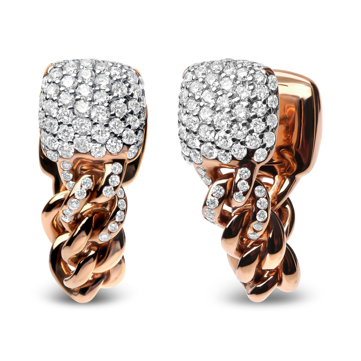 Pendientes Huggie de cadena cubana pavé con diamantes redondos de 0,75 quilates de oro rosa de 18 K (color G-H, claridad SI1-SI2)