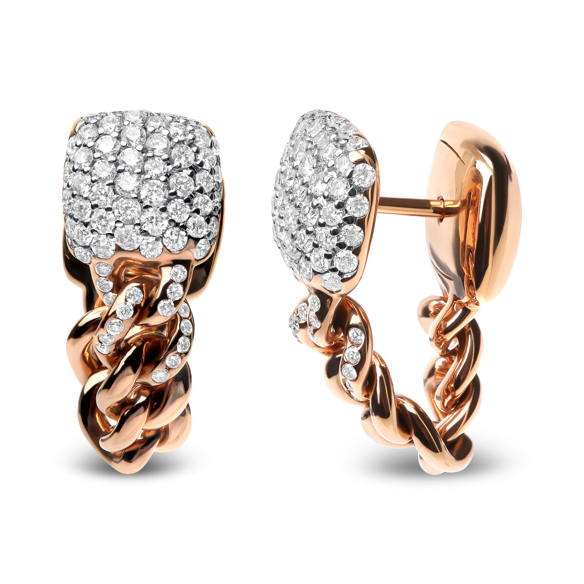 Pendientes Huggie de cadena cubana pavé con diamantes redondos de 0,75 quilates de oro rosa de 18 K (color G-H, claridad SI1-SI2)