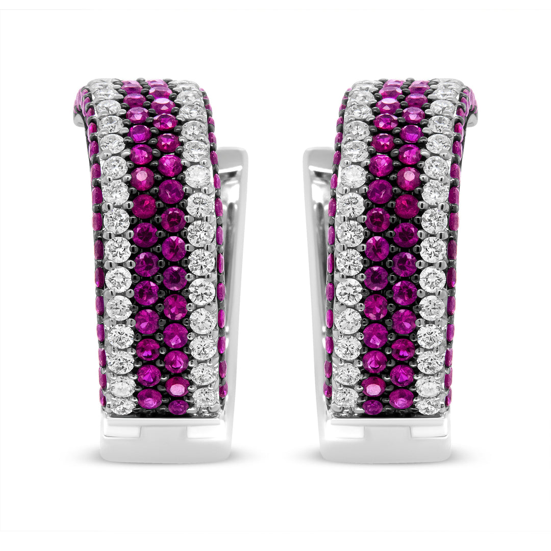 18K White Gold 1 7/8 Cttw Diamond and 1mm Round Red Ruby Open Swish Hoop Earrings (F-G Color, VS1-VS2 Clarity)