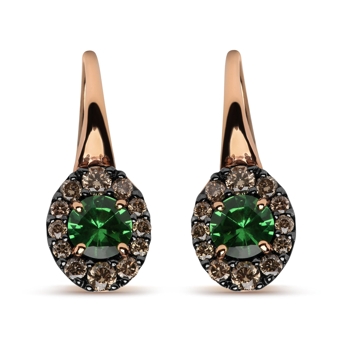 Pendientes de aro colgantes de oro rosa y blanco de 18K con diamantes marrones redondos de 3/8 Cttw y halo de gemas de tsavorita verde redondas (color marrón, claridad SI1-SI2)
