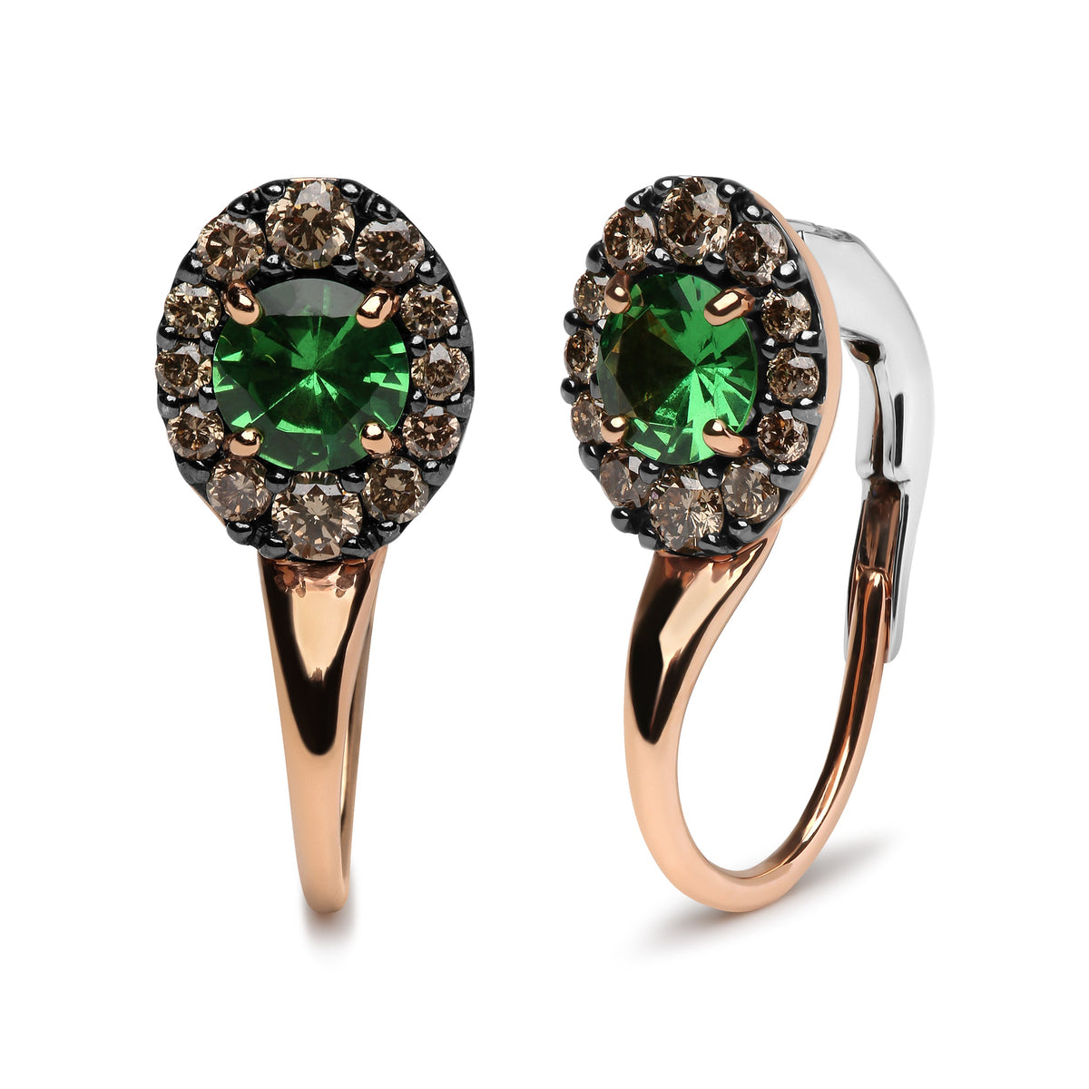 Pendientes de aro colgantes de oro rosa y blanco de 18K con diamantes marrones redondos de 3/8 Cttw y halo de gemas de tsavorita verde redondas (color marrón, claridad SI1-SI2)