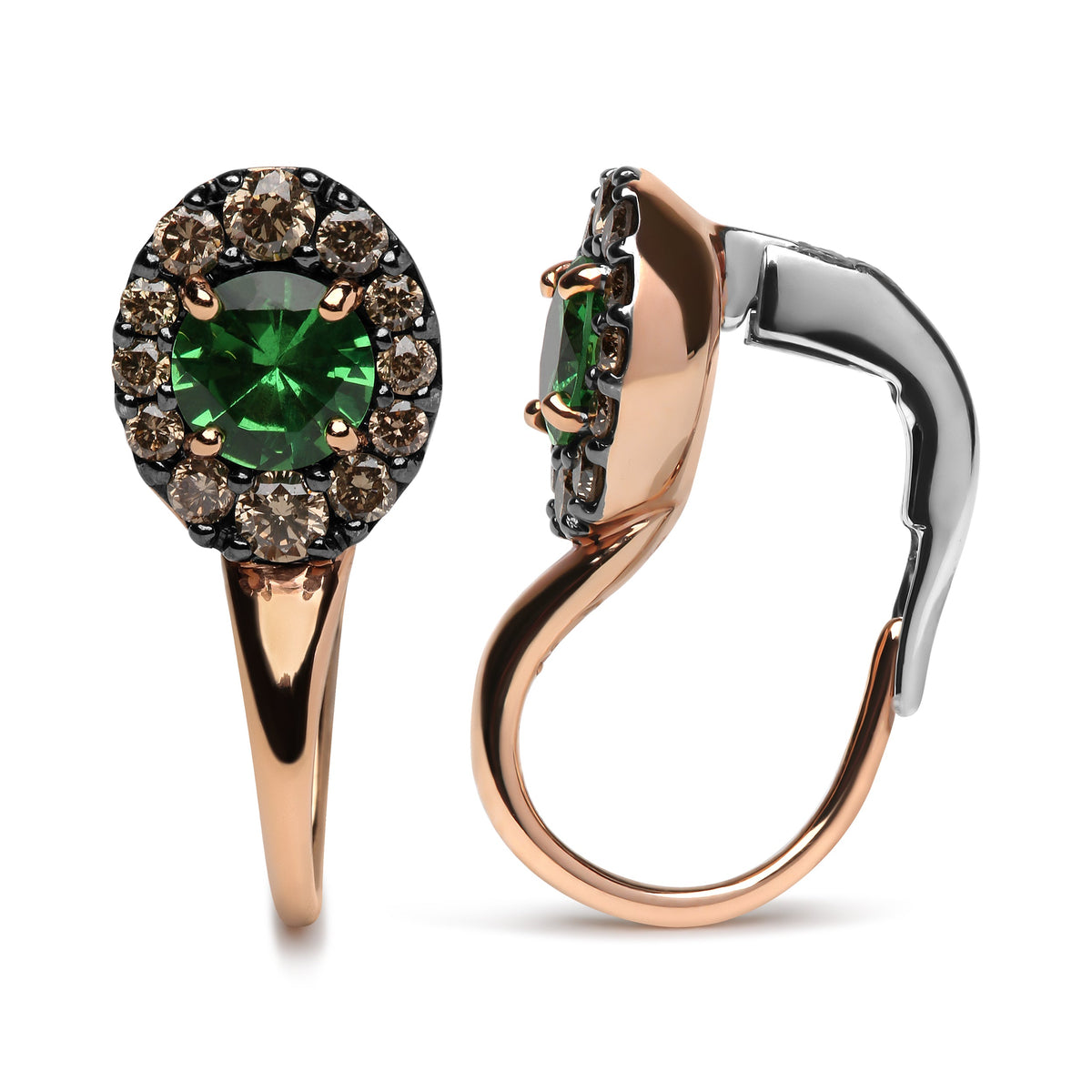 Pendientes de aro colgantes de oro rosa y blanco de 18K con diamantes marrones redondos de 3/8 Cttw y halo de gemas de tsavorita verde redondas (color marrón, claridad SI1-SI2)