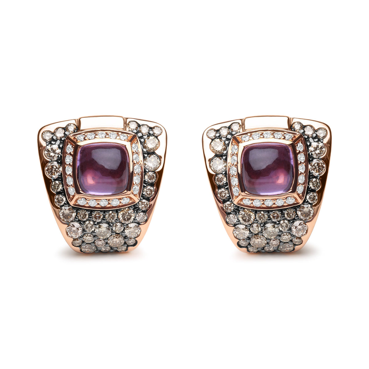 Pendientes de Botón con Diseño Geométrico de Oro Rosa de 18K con Diamantes Redondos de 1 1/2 Cttw y Amatista Púrpura de Talla Cojín de 7 mm (Color Marrón y G-H, Claridad SI1-SI2)