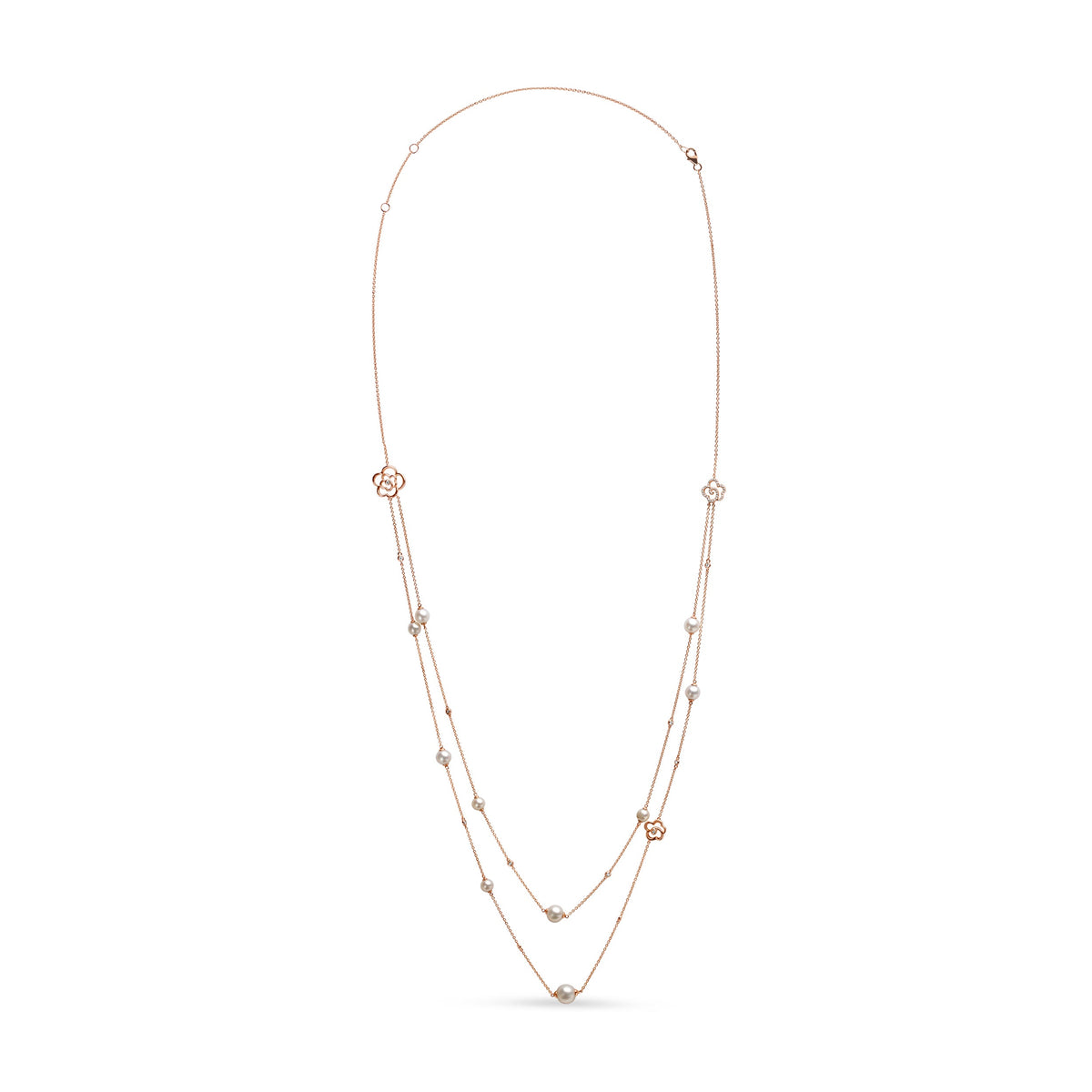 Collar de dos hilos con diamantes y perlas cultivadas de agua dulce en oro rosa de 18K y 0,50 qt. (Color G-H, claridad SI1-SI2) - Ajustable de 16 a 20 pulgadas