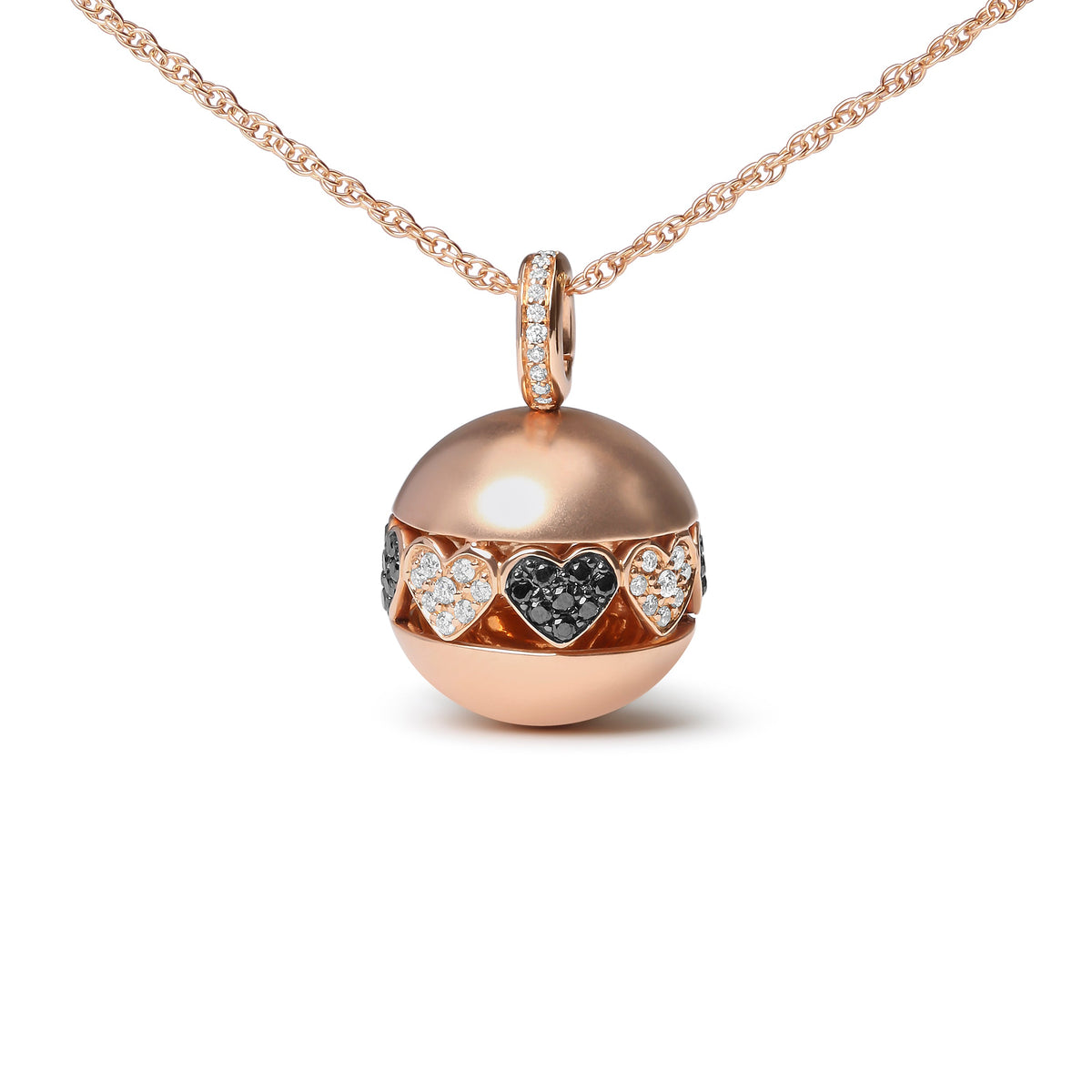 Collar de oro rosa de 18 K con colgante de diamante blanco y negro de 3/8 qt con diseño de filigrana de corazón y racimo de 45,72 cm (color negro y G-H, claridad SI1-SI2)