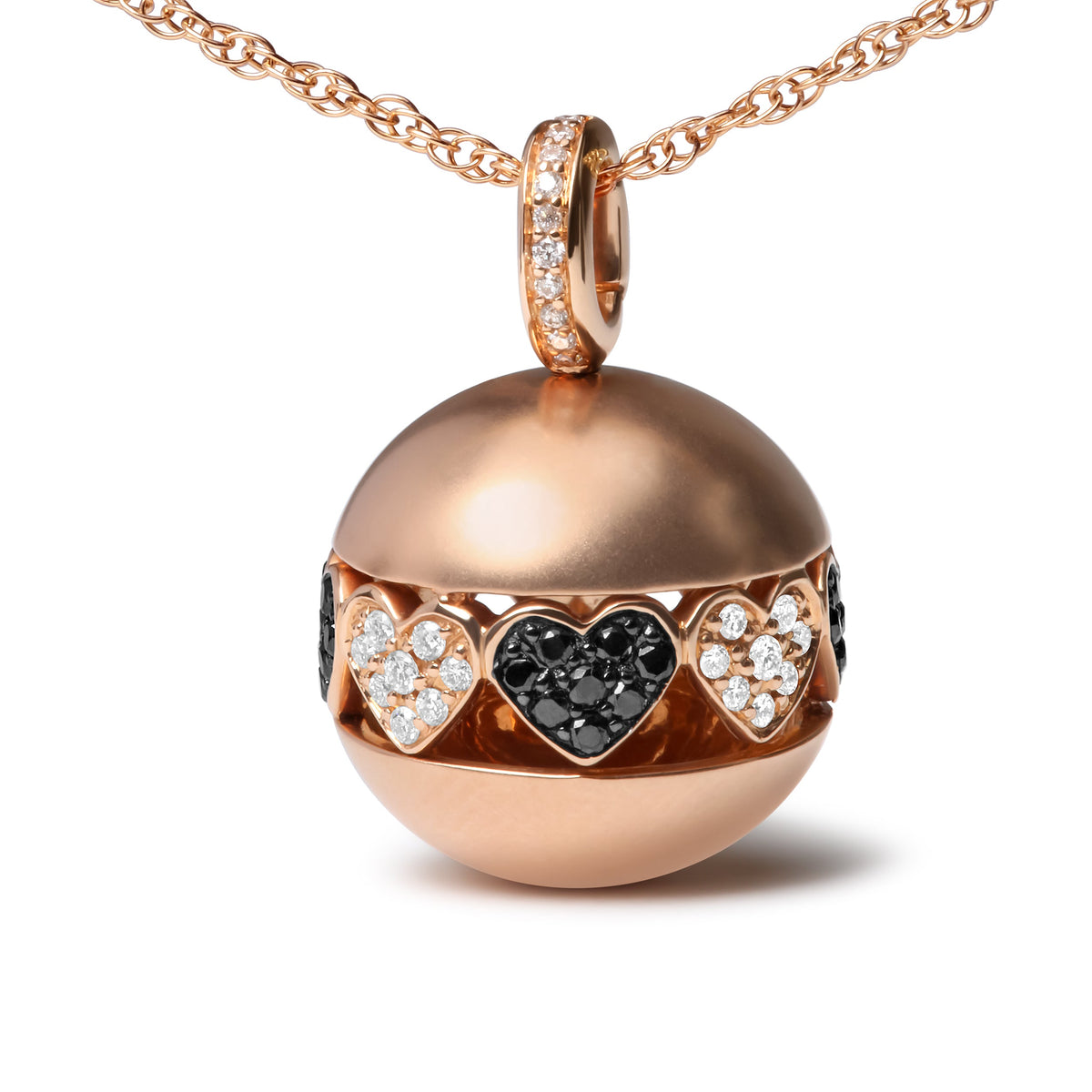 Collar de oro rosa de 18 K con colgante de diamante blanco y negro de 3/8 qt con diseño de filigrana de corazón y racimo de 45,72 cm (color negro y G-H, claridad SI1-SI2)