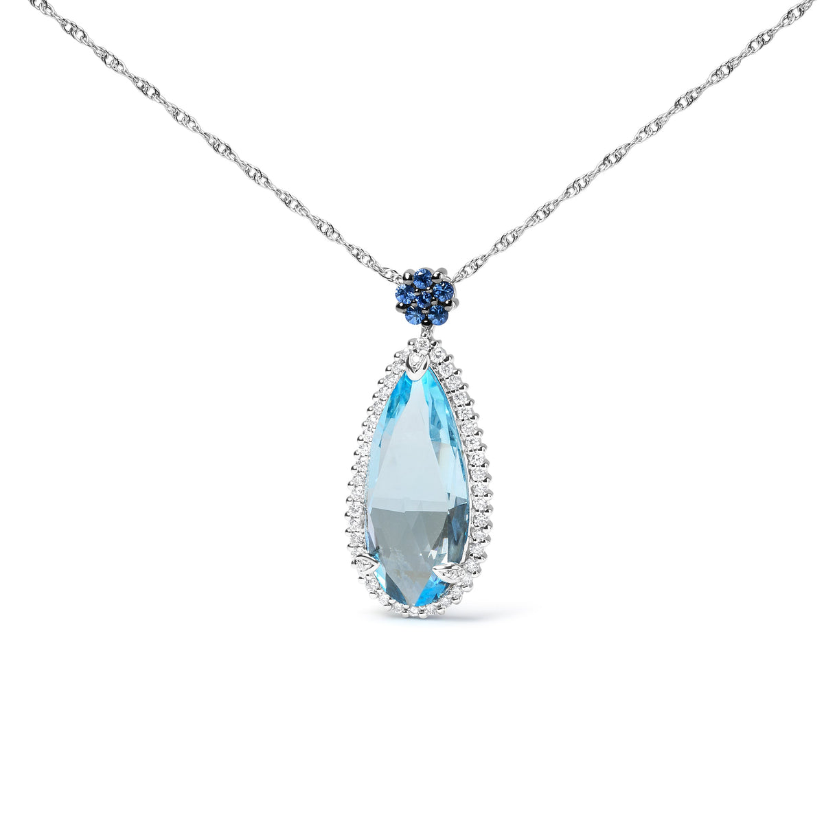 Collar con colgante de oro blanco de 18 K de 0,375 quilates con diamantes engastados en pavé, topacio azul cielo y zafiro azul con forma de lágrima floral de 45,72 cm (color G-H, claridad SI2-I1)
