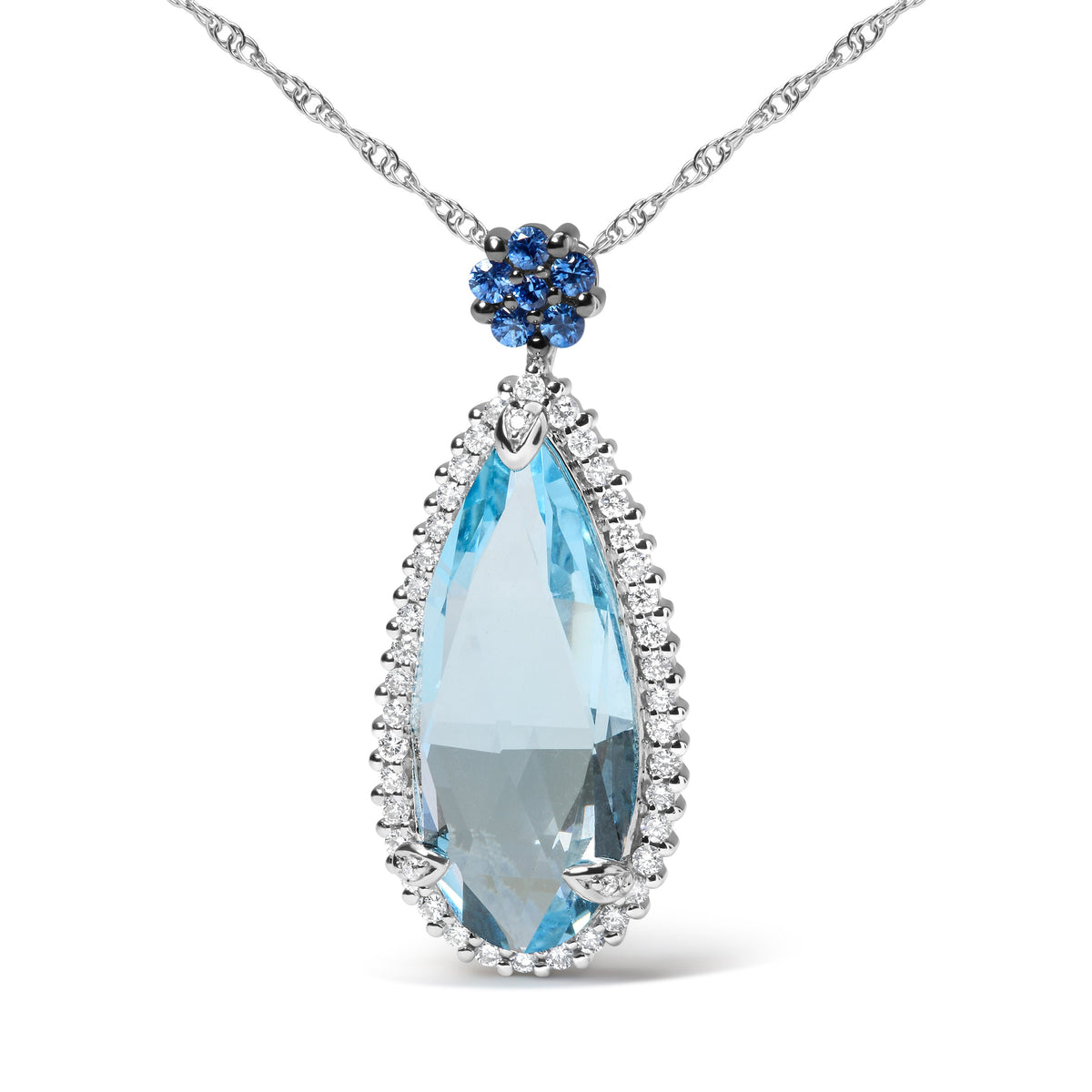 Collar con colgante de oro blanco de 18 K de 0,375 quilates con diamantes engastados en pavé, topacio azul cielo y zafiro azul con forma de lágrima floral de 45,72 cm (color G-H, claridad SI2-I1)