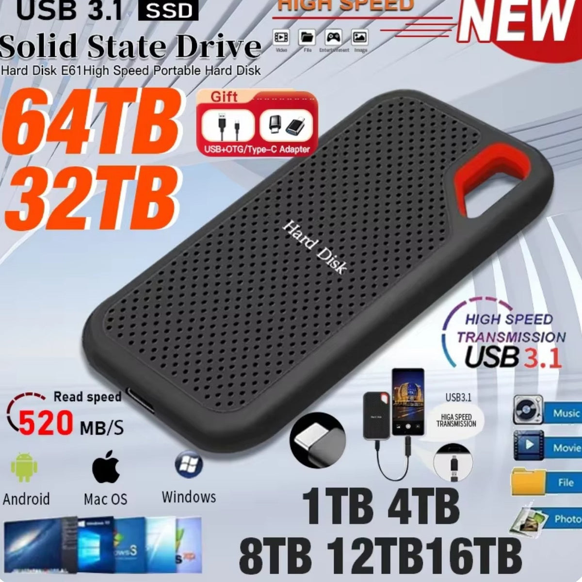 SSD portátil: unidad de estado sólido móvil de alta velocidad con puerto tipo C 3.1