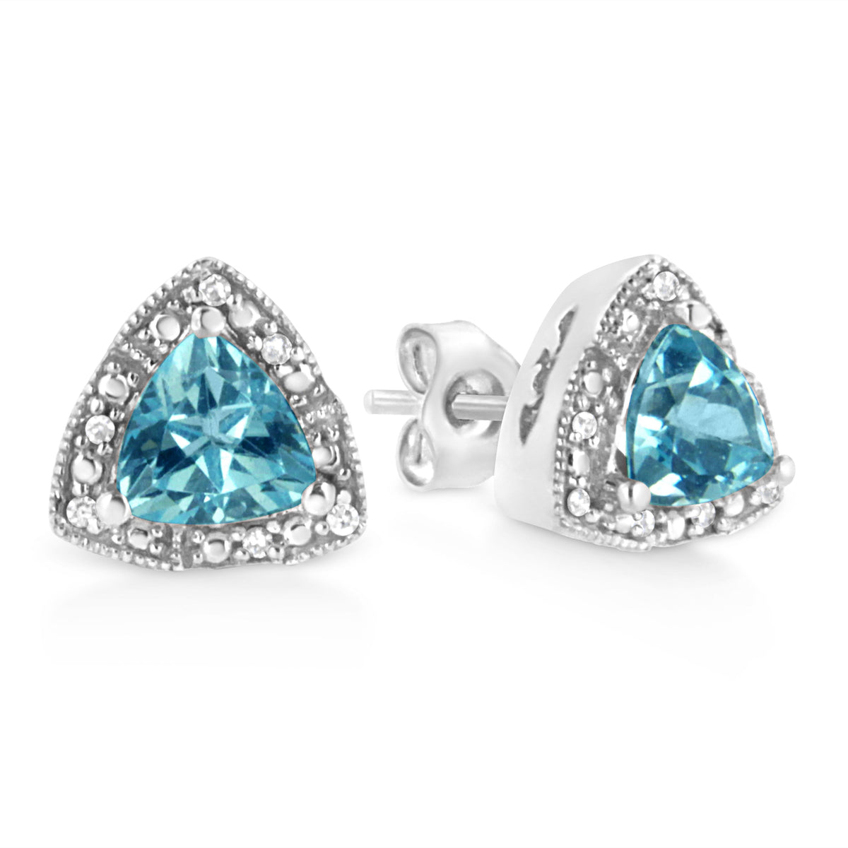 .925 Sterling Silver 6x6 mm Trillion Cut Blue Topaz Gemstone and Diamond Accent Stud Earring (I-J Color, I1-I2 Clarity) - image 5 of 9