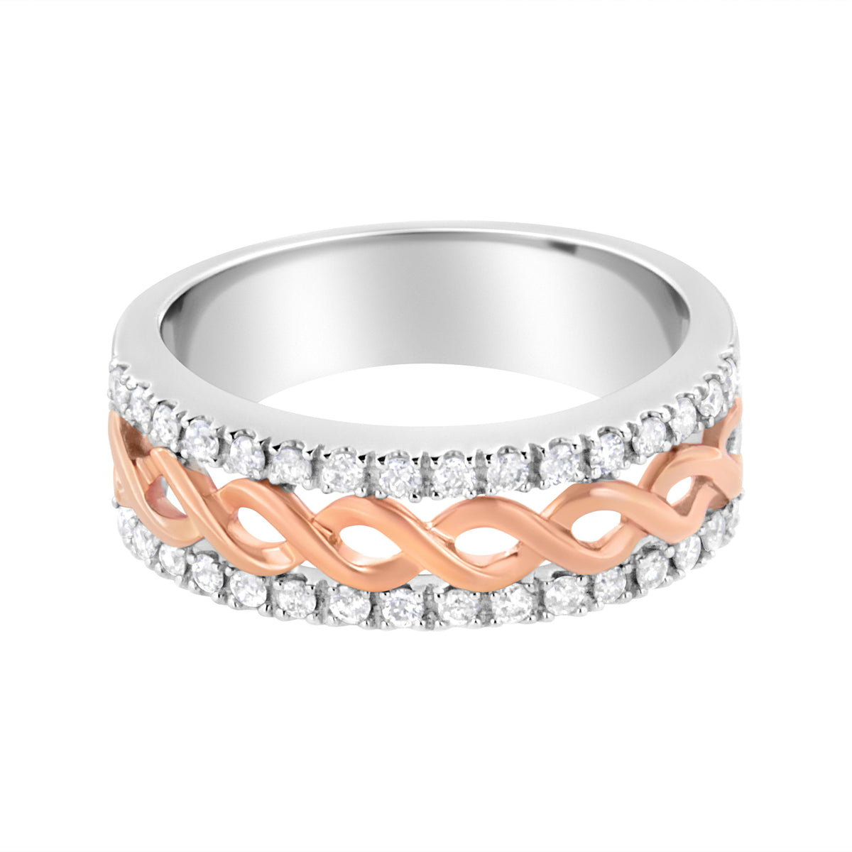 Anillo de oro blanco y rosa de 10 quilates con diamantes de 1/3 quilates con vástago dividido y banda de cinta infinita (color I-J, claridad I1-I2) - Talla 6