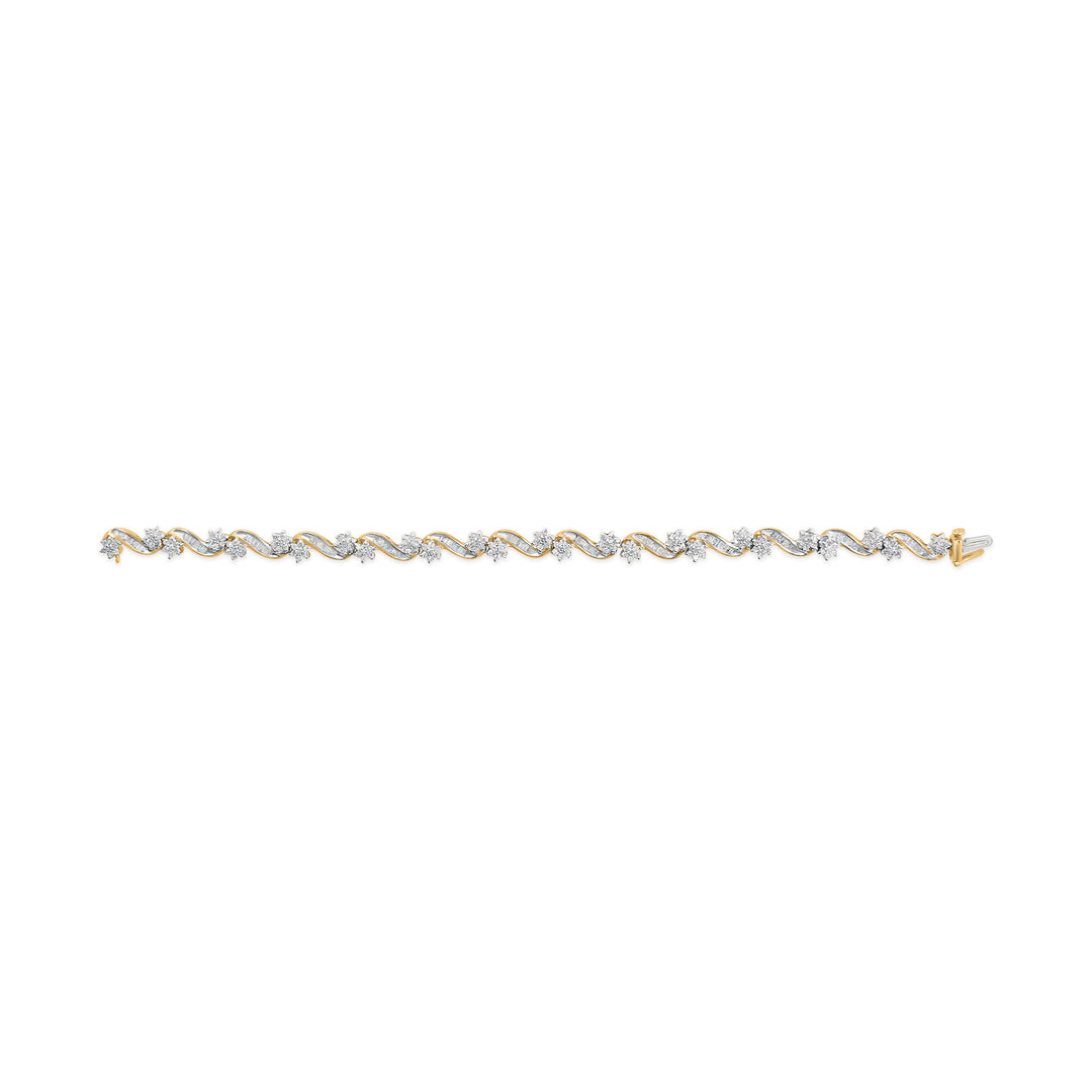 10k Yellow Gold 3.00 Cttw Round-Cut and Baguette-Cut Floral Link 7.25" Bracelet (I-J Color, I1-I2 Clarity)