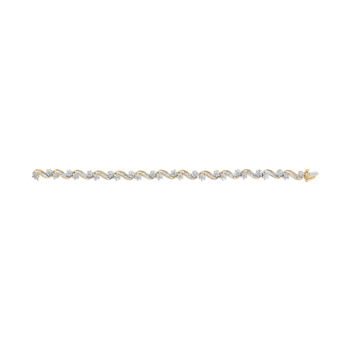 10k Yellow Gold 3.00 Cttw Round-Cut and Baguette-Cut Floral Link 7.25" Bracelet (I-J Color, I1-I2 Clarity)