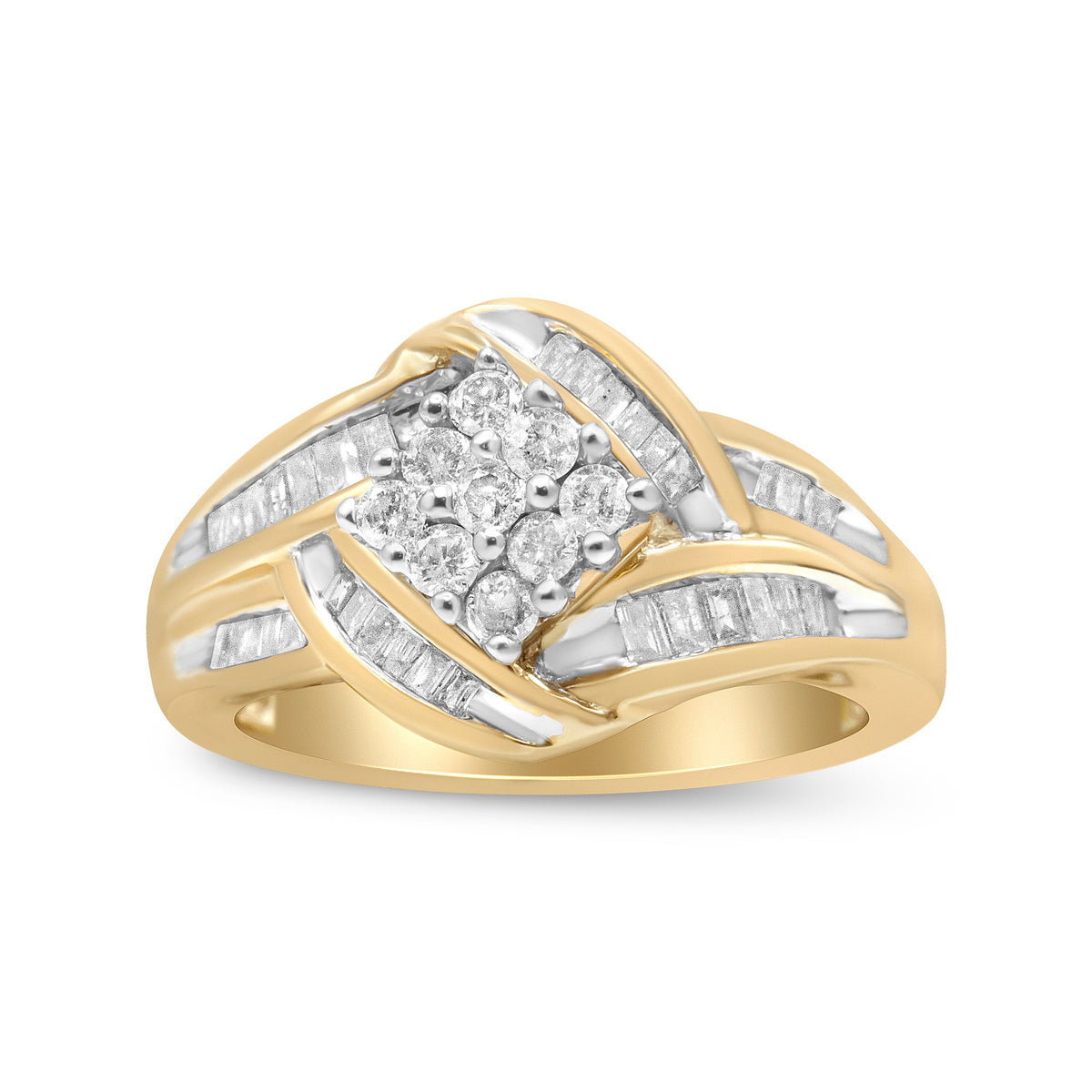 Anillo de oro blanco y amarillo de 10K con racimo de diamantes de 3/4 Cttw y diseño de remolino (Color H-I, Claridad I1-I2)