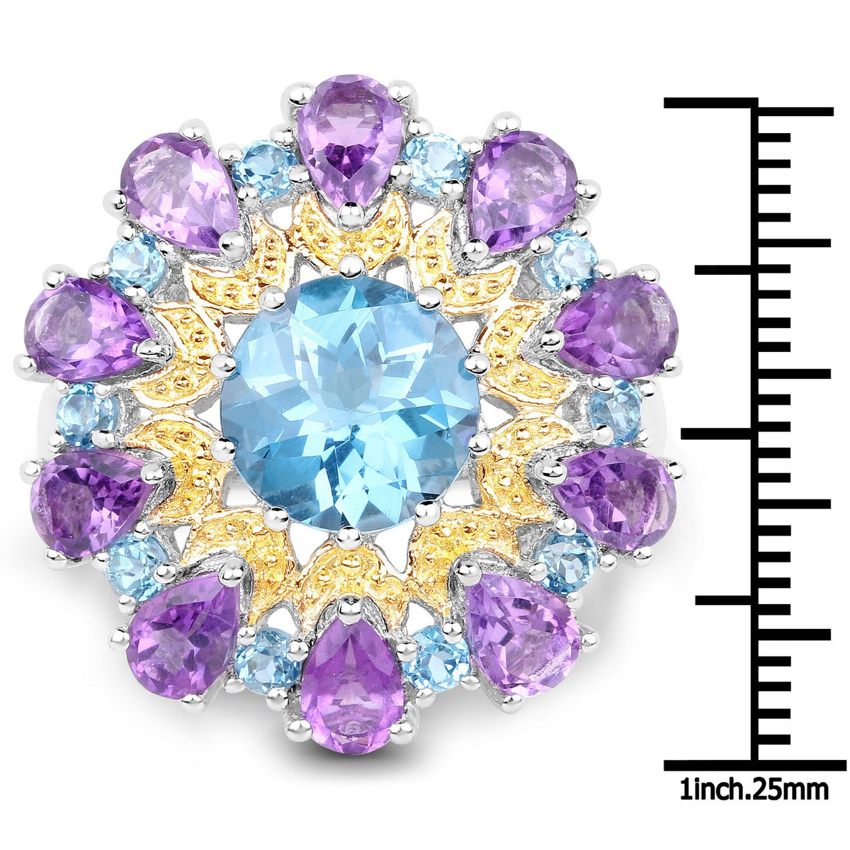 Anillo de plata de ley .925 con topacio azul de Londres y amatista auténticos de 8,86 quilates