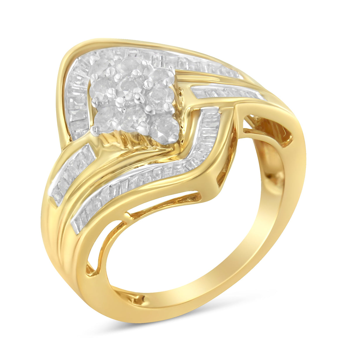 Anillo en forma de racimo cruzado de diamantes de oro amarillo de 10 qt sobre plata de ley .925 (1 quilate, color I-J, claridad I2-I3) - Talla 6