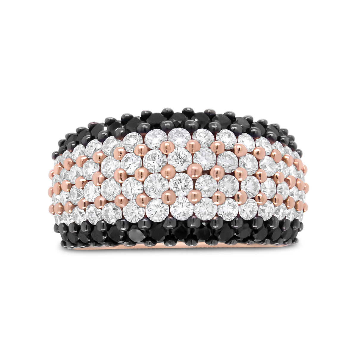 Anillo de banda de 6 filas con diamantes blancos y negros de 2 1/5 Cttw de oro rosa de 18 quilates (color F-G y negro, claridad VS1-VS2) - Talla 7