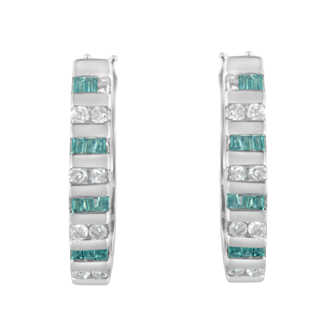 10k White Gold Round and Blue Baguette 1/2 cttw Diamond Hoop Earrings (I-J Color, I2-I3 Clarity)